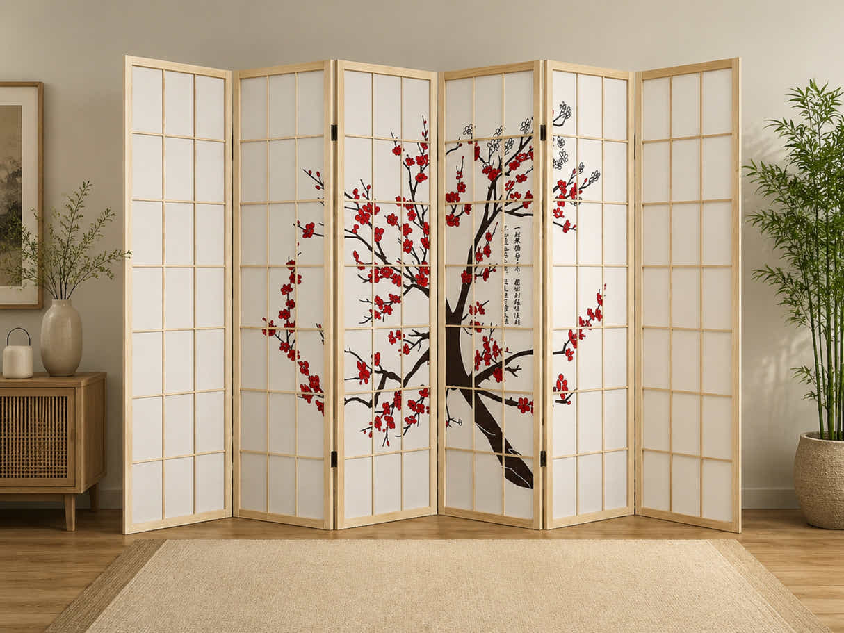 6-Panel Room Divider with Flower Pattern - Natural Wood