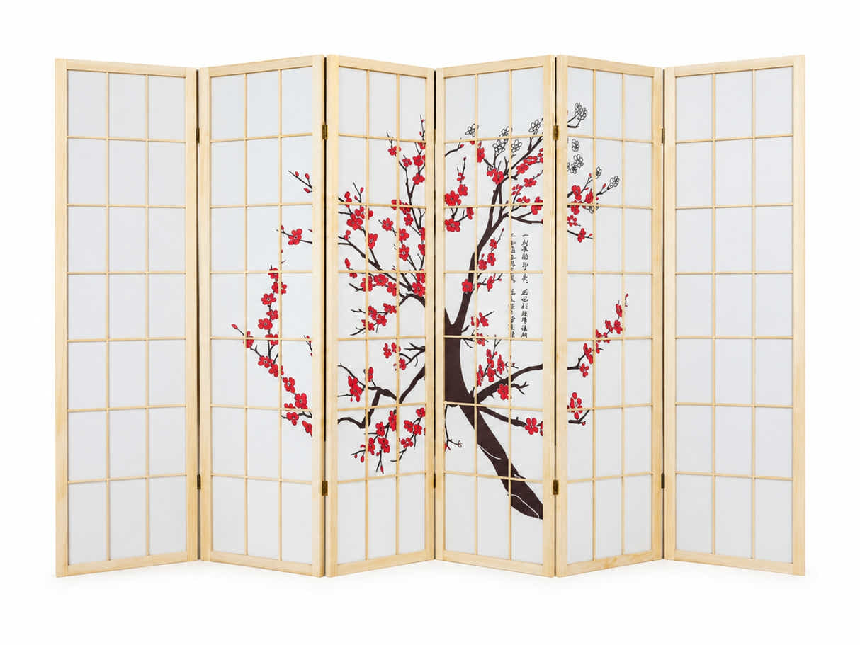 6-Panel Room Divider with Flower Pattern - Natural Wood