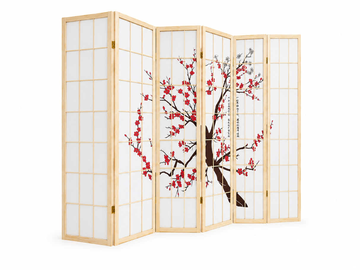 6-Panel Room Divider with Flower Pattern - Natural Wood