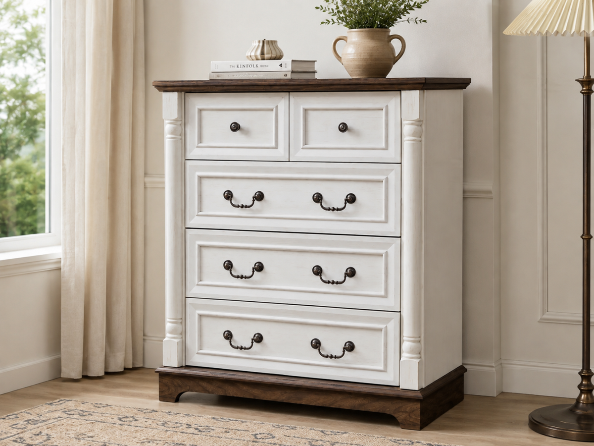 5-Drawer Chest - Antique White & Rustic Brown