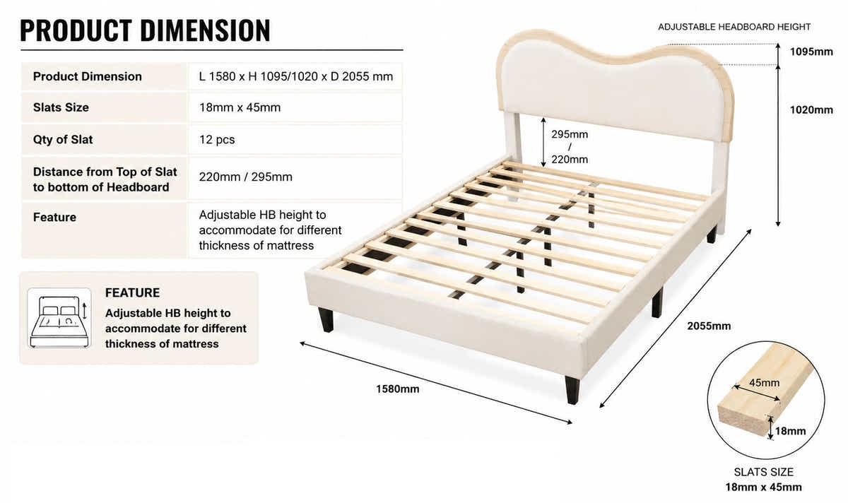 DS Etta Fabric Bed Beige - Queen