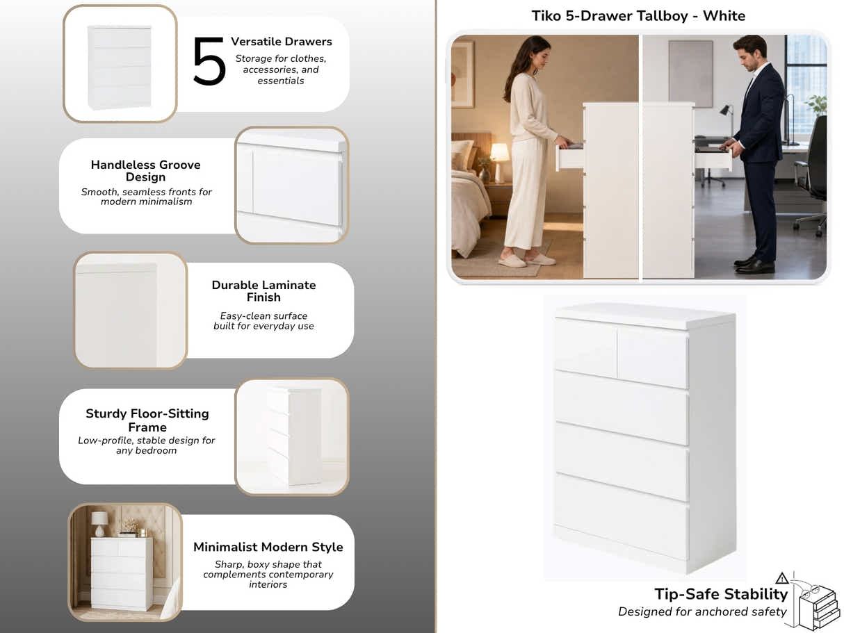 Tiko 5-Drawer Tallboy - White