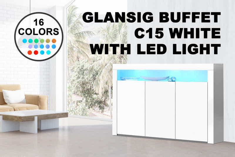 Glansig White 3-Door Buffet with LED Light - 152 cm