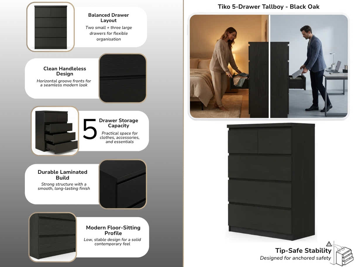 Tiko 5-Drawer Tallboy - Black Oak