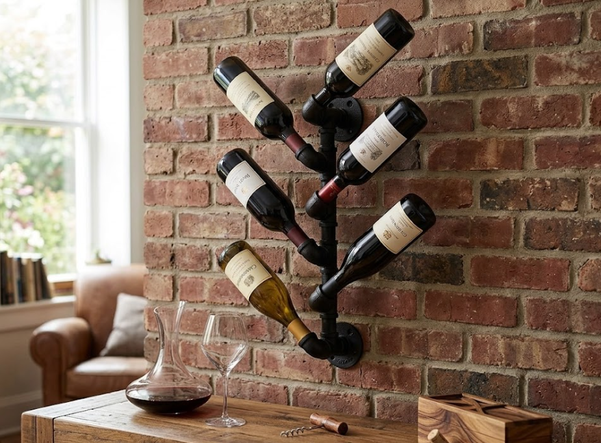 Wall-Mounted Pipe Wine Rack - 6 Bottle Holder