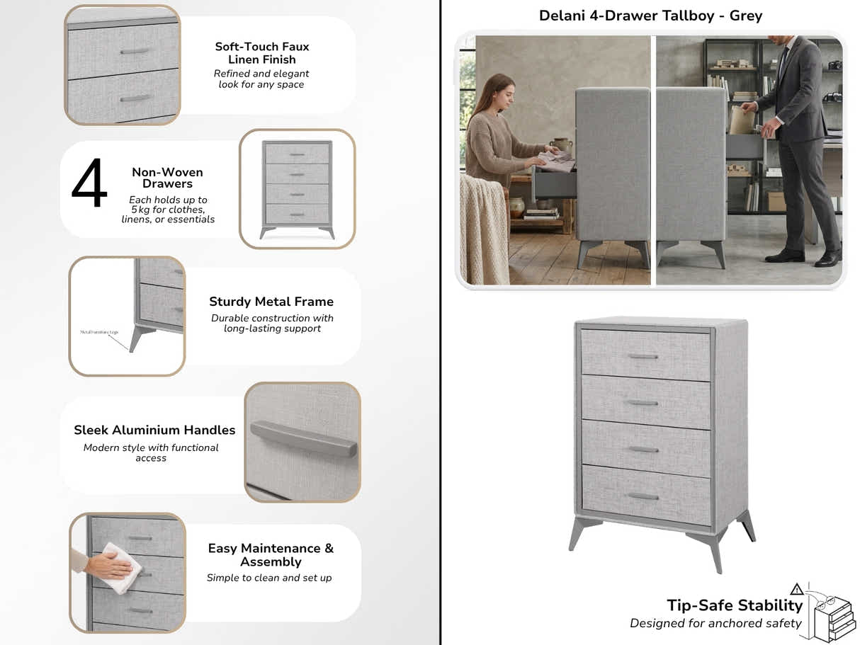 Delani 4-Drawer Tallboy - Grey