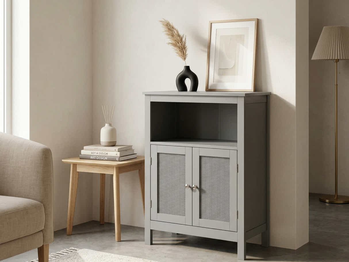 2-Door Rattan Storage Cabinet - Grey