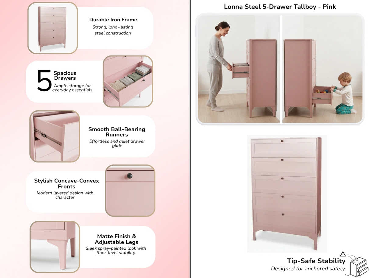 Lonna Steel 5-Drawer Tallboy - Pink