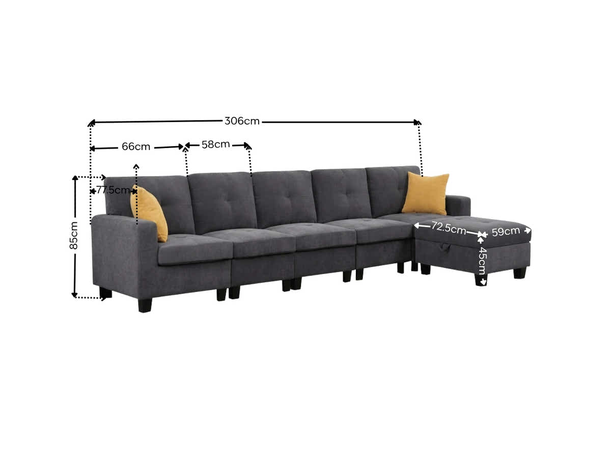 Paxton Modular Chenille 5-Seater & Ottoman Sofa Set - Dark Grey