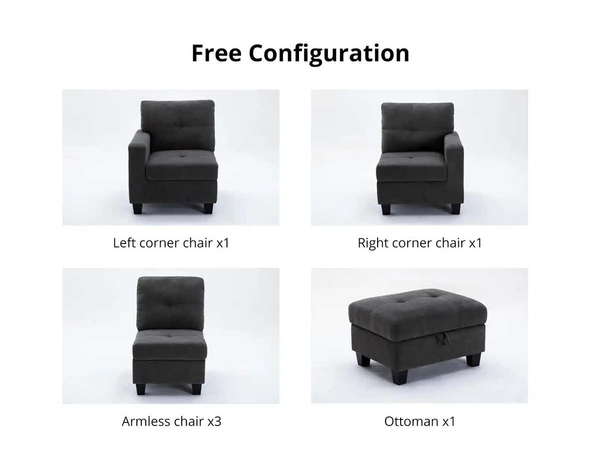 Paxton Modular Chenille 5-Seater & Ottoman Sofa Set - Dark Grey