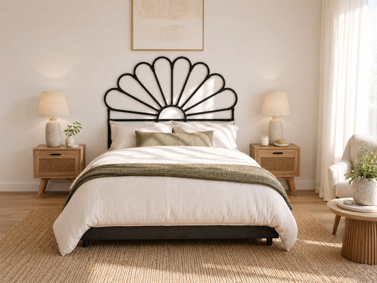 Rattan Headboard Petal Black - Double