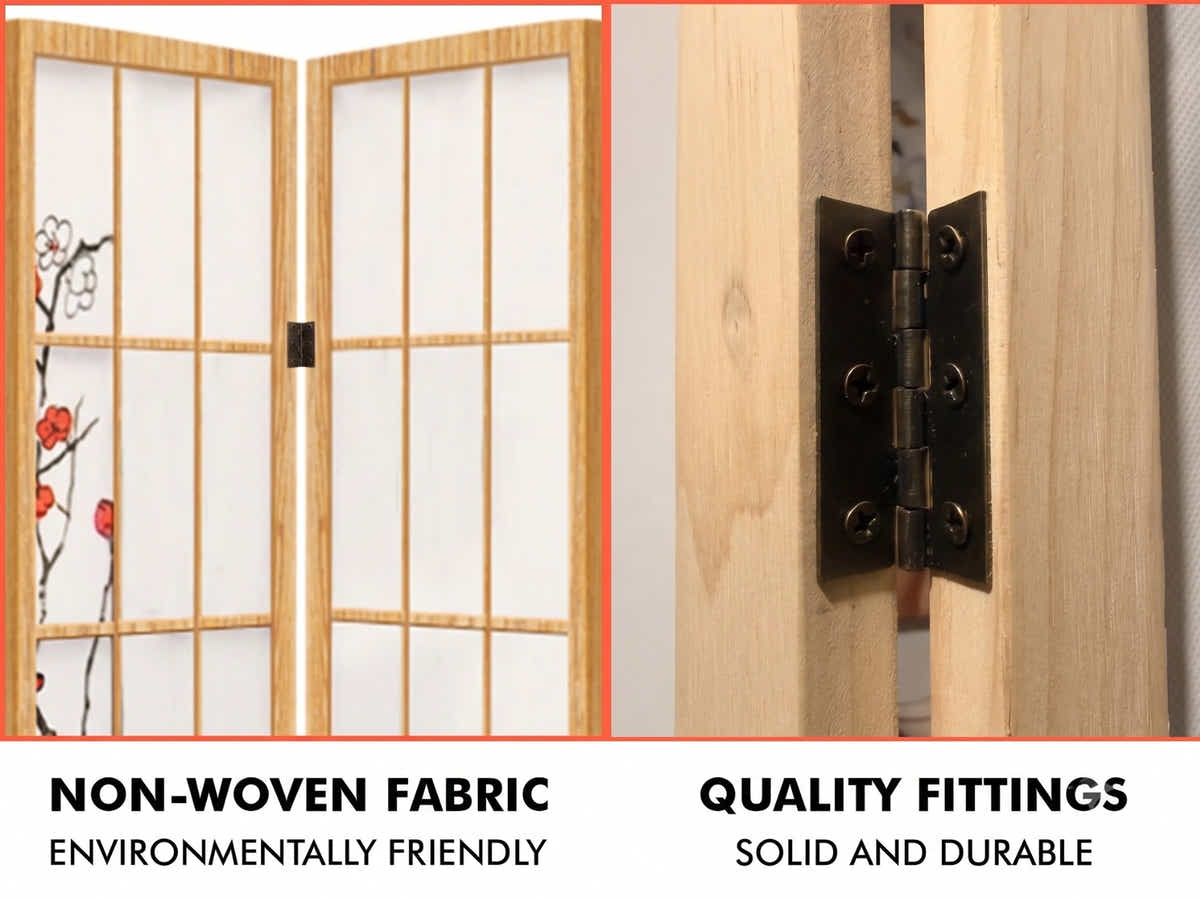 6-Panel Room Divider with Flower Pattern - Natural Wood