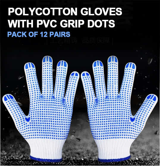 Polycotton Work Gloves with PVC Grip Dots – 12 Pairs Pack