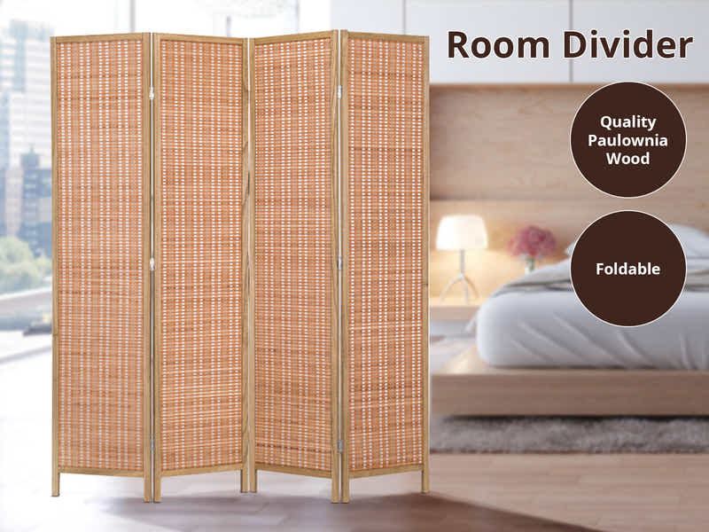 4-Panel Room Divider with Bamboo - Brown