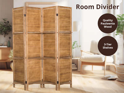 4-Panel Room Divider with Shelf - Brown