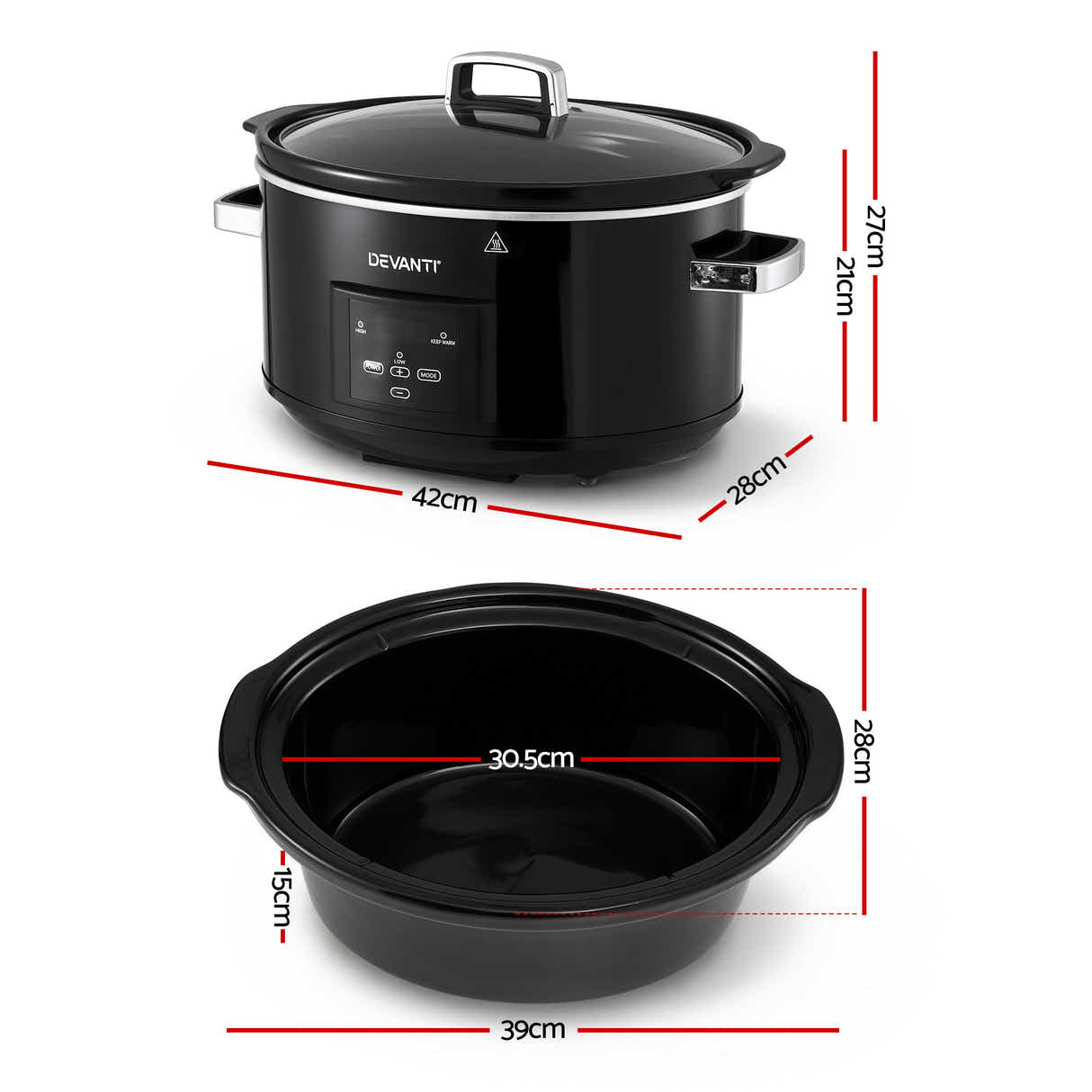DS NA Devanti 8L Slow Cooker Electric Multi Cooker with 3 Heat Settings and Keep