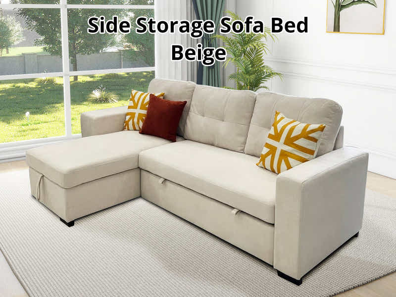 Pull Out Sofa Bed with Side Storage - Beige