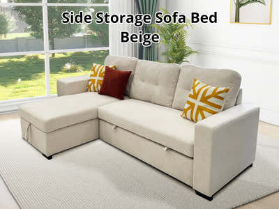 Pull Out Sofa Bed with Side Storage - Beige