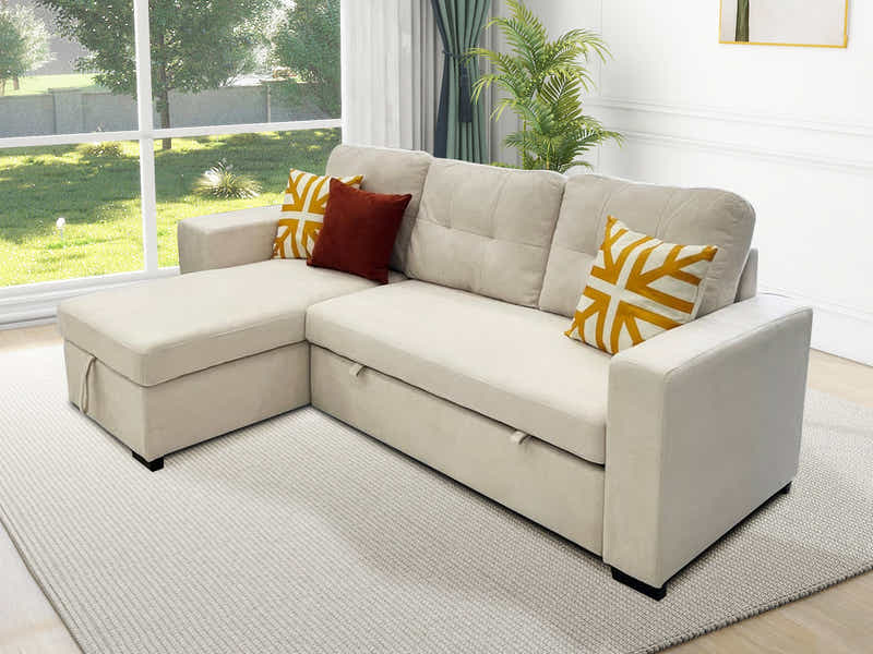 Pull Out Sofa Bed with Side Storage - Beige