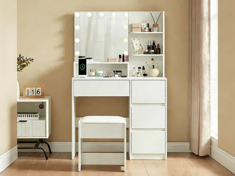 Makeup Vanity Desk Set with Mirror & Light - White