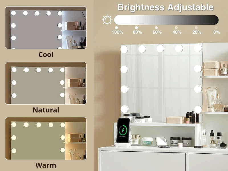 Makeup Vanity Desk Set with Mirror & Light - White