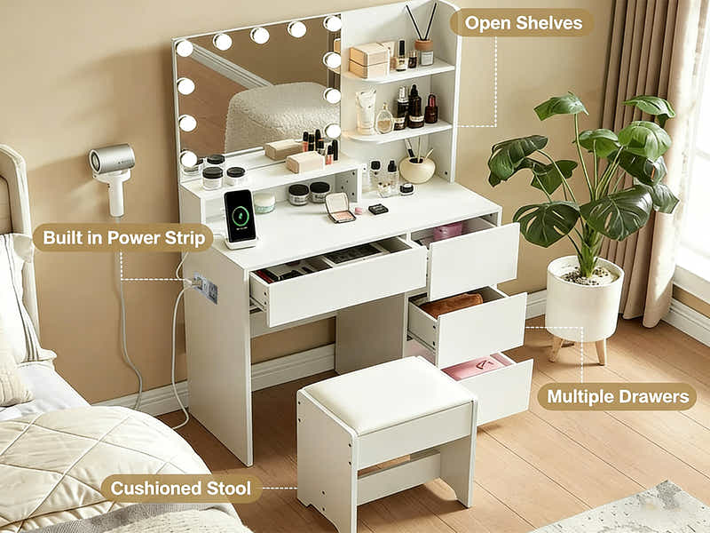 Makeup Vanity Desk Set with Mirror & Light - White
