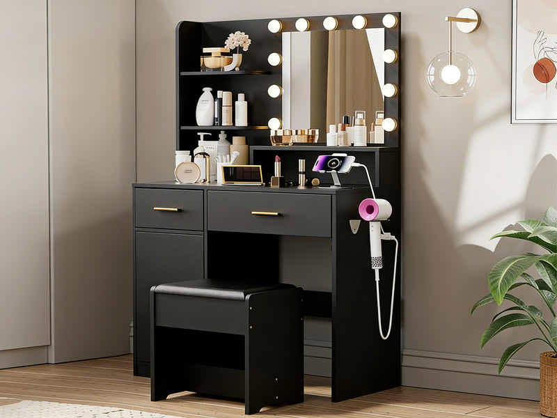 Makeup Vanity Desk Set with Mirror & Light - Black