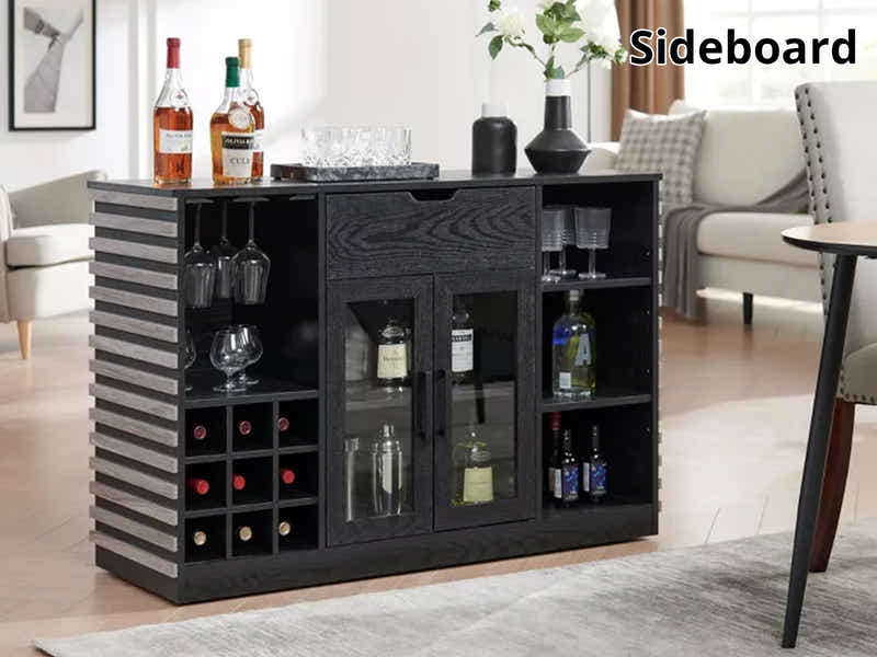 Modern Wine Cabinet with Slat Design - Grey
