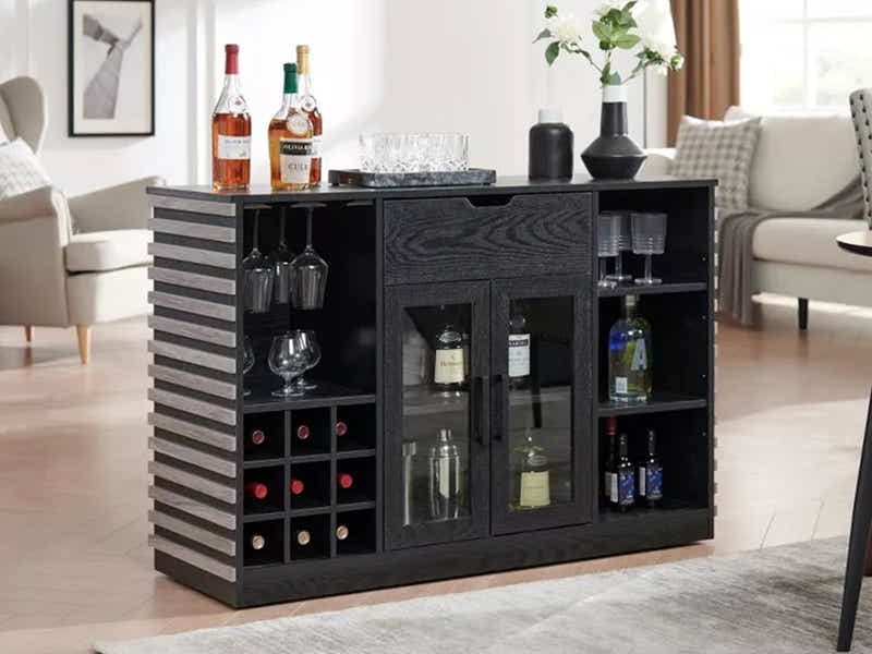 Modern Wine Cabinet with Slat Design - Grey
