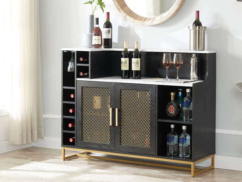 Black Wine Cabinet with Gold Mesh Door