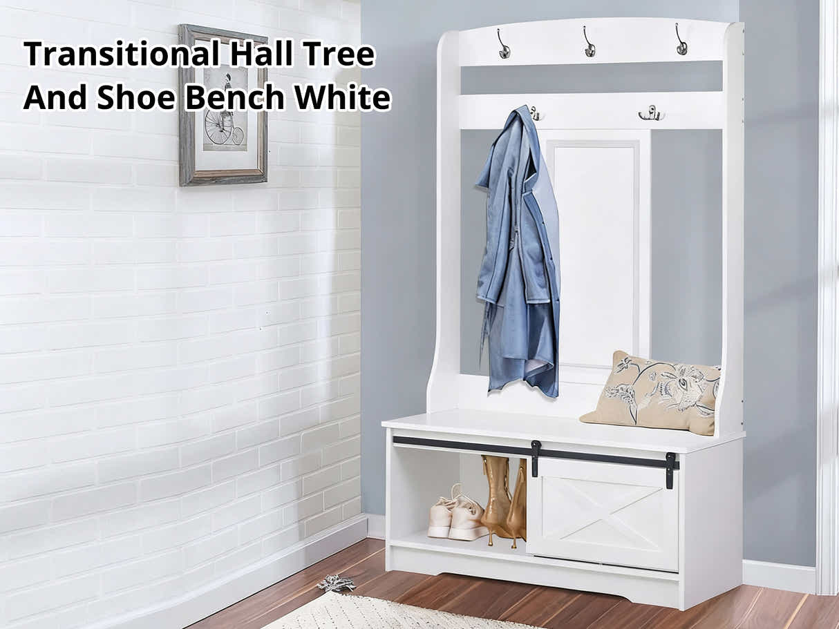 Transitional Hall Tree And Shoe Bench White
