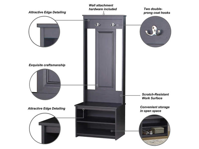 DS Hall Tree And Shoe Bench Antique Black