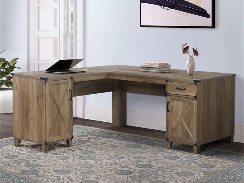 L-Shaped Desk Rustic Oak & Siena Executive Office Chair PU Beige