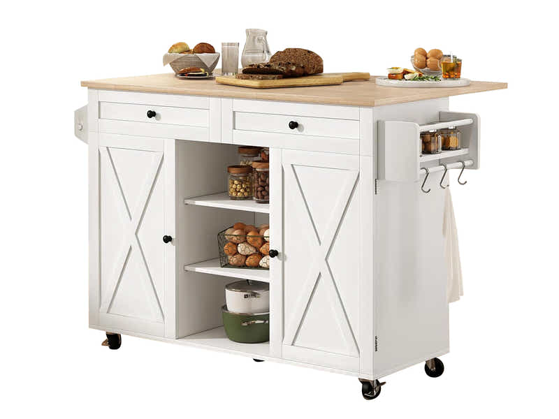 DS Rolling Kitchen Island With Drawers 015 White