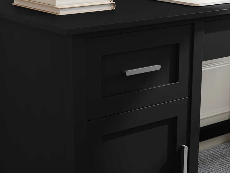 Home Office Desk with Storage Black & New Markus Office Chair with Footrest PU Black (Combo)