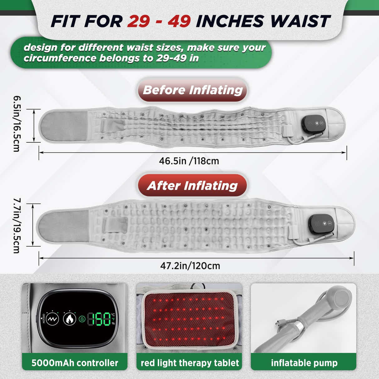 DS NA Inflatable Heating Massage Waist Belt with 3-Level Heat & Vibration – Cord