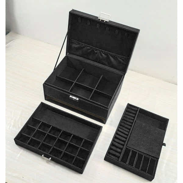 DS NA Black Jewelry Box with Key Lock – Multi-Compartment Storage Organizer