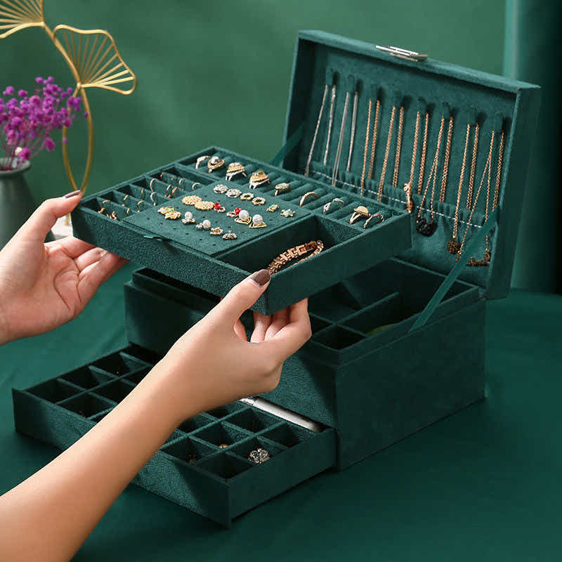 DS NA Velvet Jewelry Box with Lock - 3-Layer - Large Jewelry Organizer for Women
