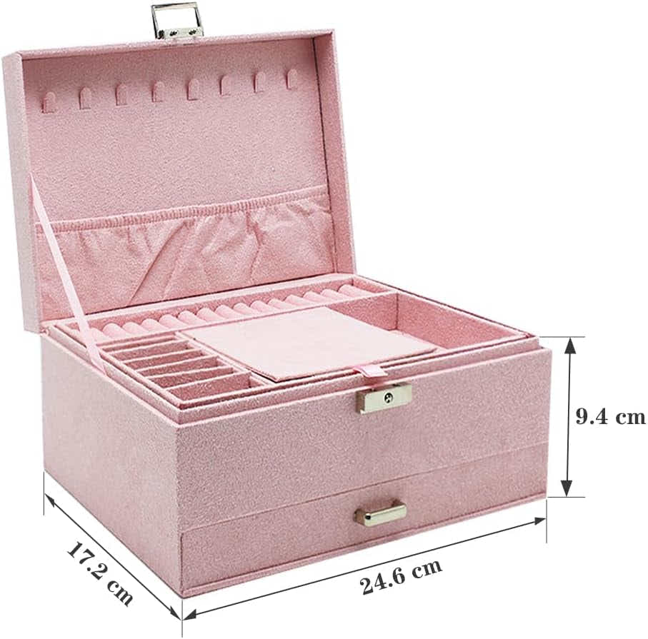 DS NA Velvet Jewelry Box with Lock – 3-Layer Large Jewelry Organizer