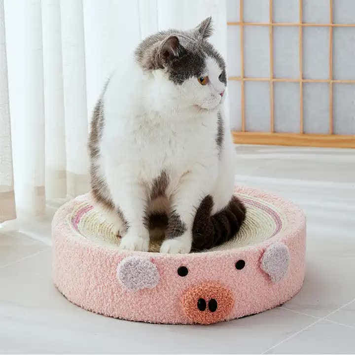 DS NA Pink Pig Cat Scratcher Bed - Cute Animal Design Sisal Pad for Scratching