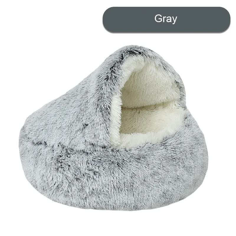 DS NA Cozy Gray Plush Hooded Pet Bed - Ultra Soft Long Fur Cave Bed