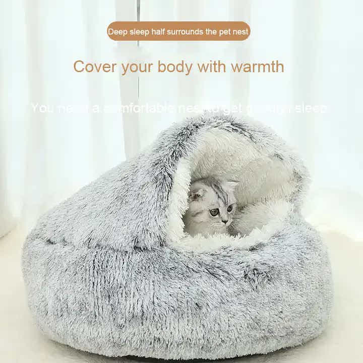 DS NA Cozy Gray Plush Hooded Pet Bed - Ultra Soft Long Fur Cave Bed