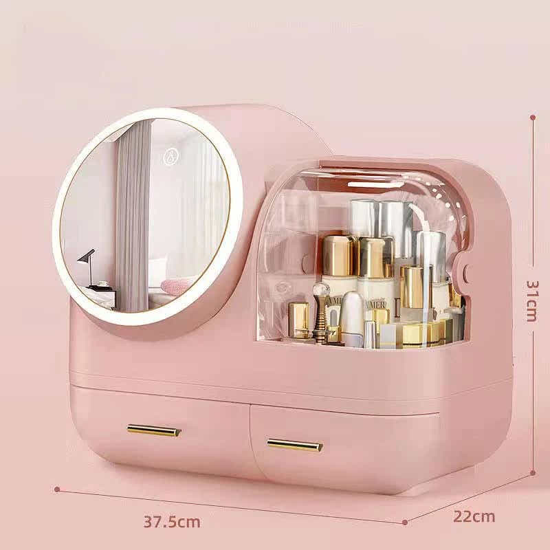 DS NA Pink LED Vanity Makeup Organizer with Partition Storage and Touch-Control