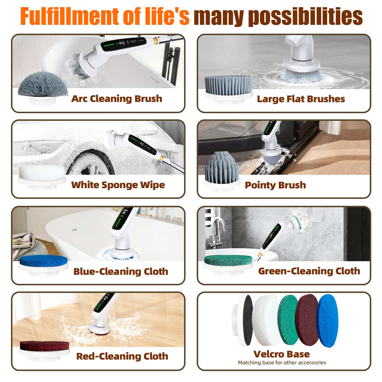 DS NA Electric Spin Scrubber – Adjustable Extension Handle & 8 Brush Heads