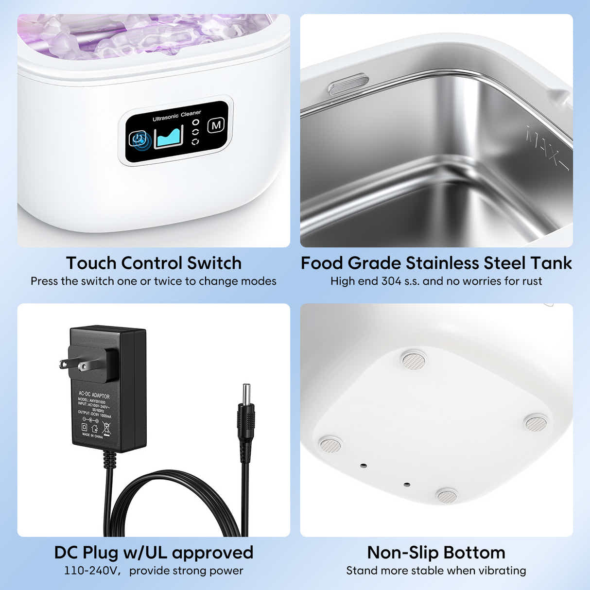 DS NA Professional Ultrasonic Cleaner with UV Light - 45000Hz for Dentures - Wh