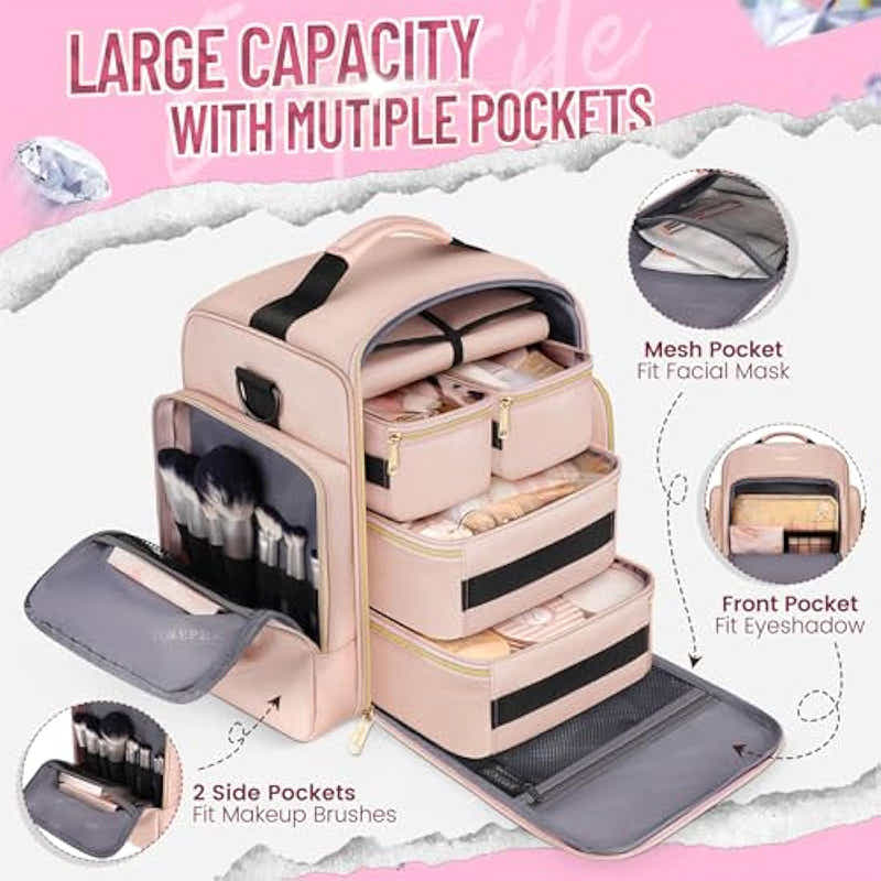 DS NA Large Capacity Travel Makeup Backpack – Includes 5 Removable Organizer Case