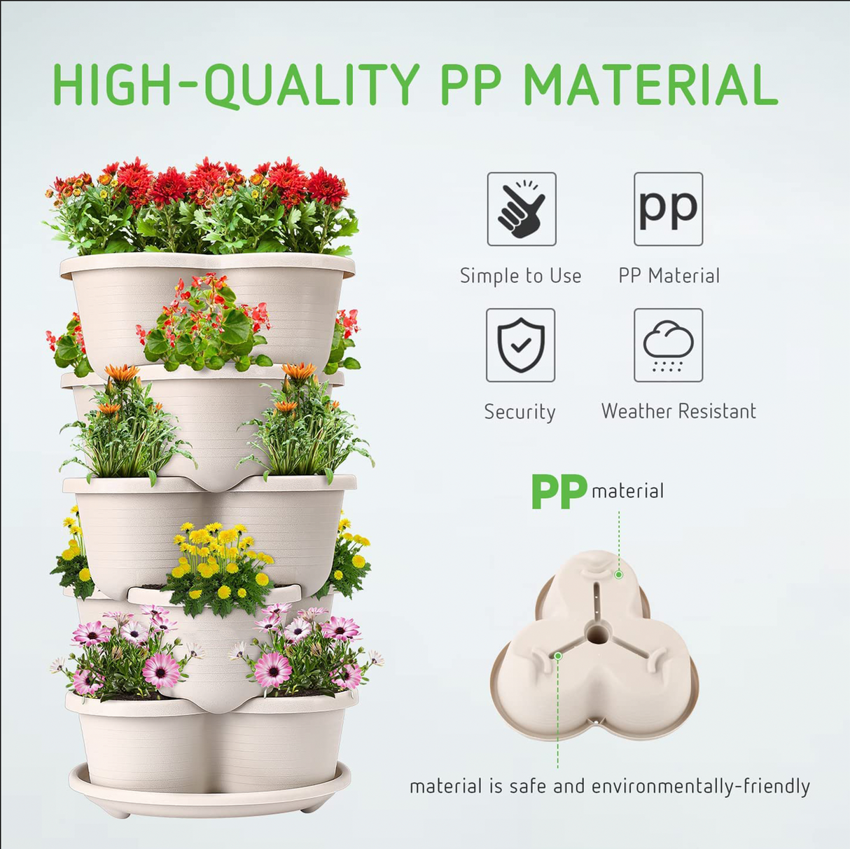 DS BS 3 Tier Vertical Stackable Planter for Flowers Herbs Vegetables-White