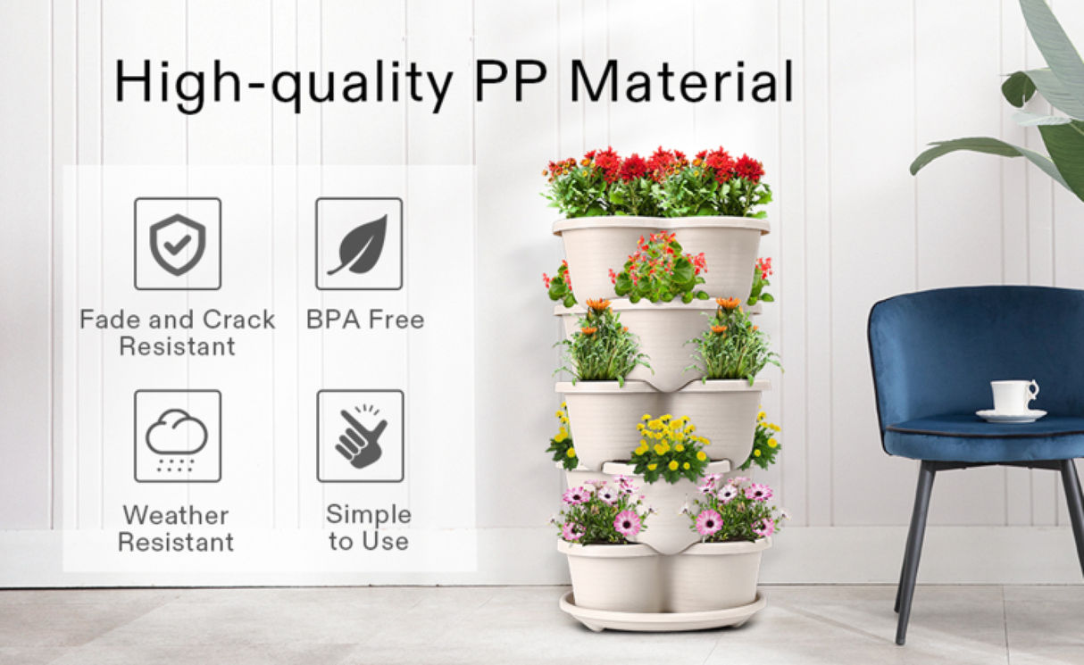 DS BS 3 Tier Vertical Stackable Planter for Flowers Herbs Vegetables-White