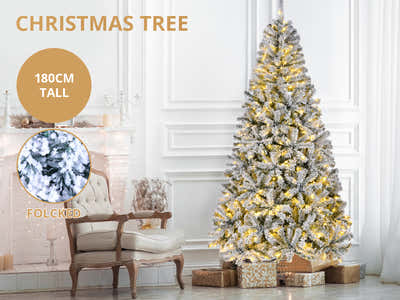 Flocked Christmas Tree with LED Lights - 6Ft/180 cm