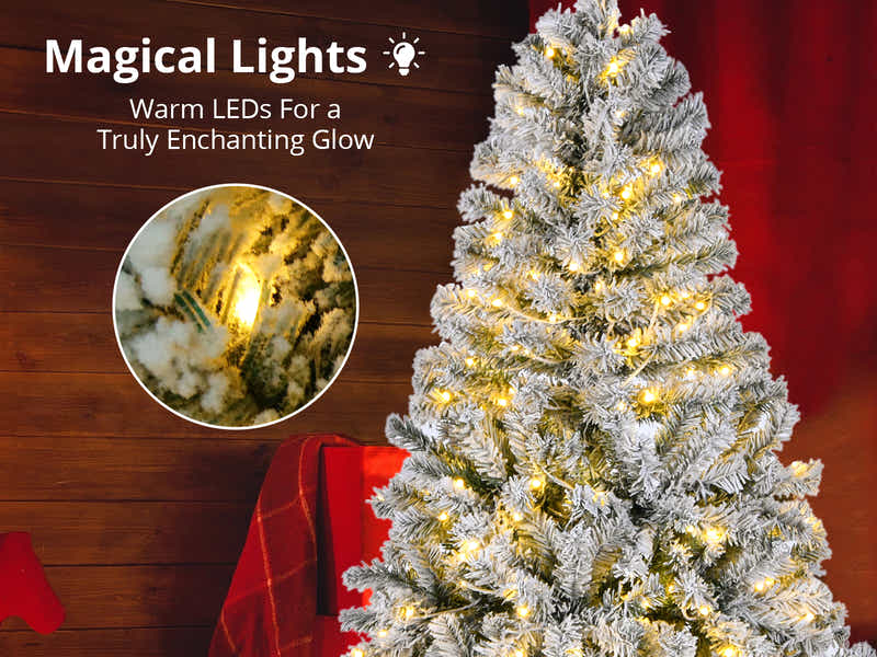 Flocked Christmas Tree with LED Lights - 6Ft/180 cm
